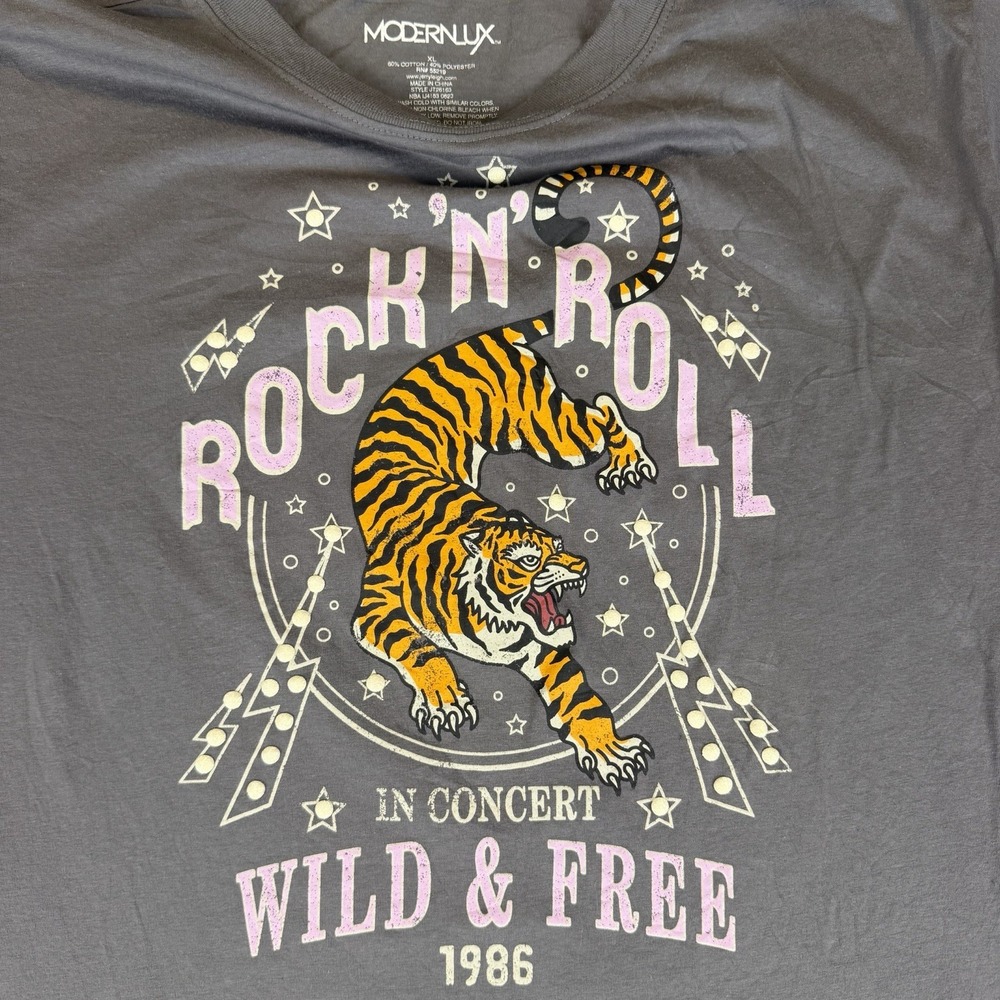 Modern Lux Rock 'N' Roll In Concert Wild & Free 1986 Tiger Tee T-Shirt XL Gray